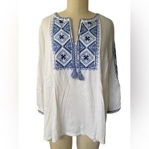 J. Jill Women’s Embroidered White & Blue Peasant Top Size XL